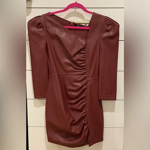 chinese dress ladies Faux Leather Red Midi Dress L